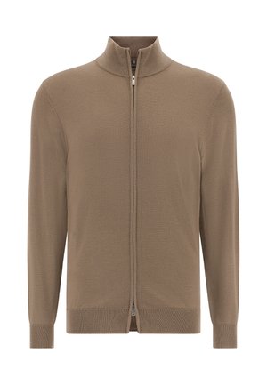 Bruine lange mouwen zip-up cardigan met ribgebreide kraag, manchetten en zoom, voorgesteld op een witte achtergrond.