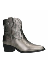 Metallic silver cowboy boot with pointed toe, western stitching details, low block heel, and rounded top edge. Textured leather finish.