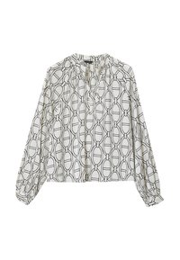 Blusa a maniche lunghe in tessuto bianco leggero con un motivo geometrico nero. Presenta un collo arricciato e polsini elasticizzati.