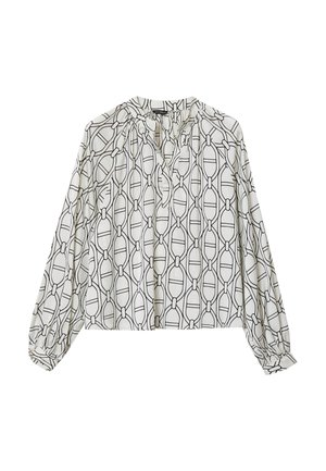 Langärmlige Bluse aus leichtem weißen Stoff mit einem schwarzen geometrischen Muster. Verfügt über einen gerafften Ausschnitt und elastische Bündchen.