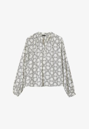 Blusa a maniche lunghe in tessuto bianco leggero con un motivo geometrico nero. Presenta un collo arricciato e polsini elasticizzati.