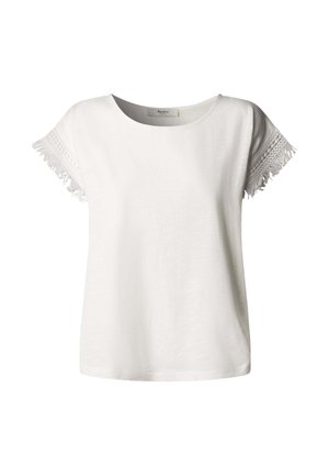 Witte blouse met korte mouwen, een ronde hals en kanten franjes aan de mouwen.