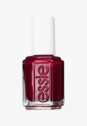 Burgundy nail polish in a square glass bottle with a white cap; features the brand name "essie" embossed on the front.