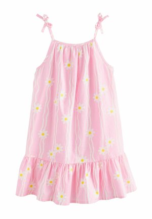 Rosa ärmelloses Kleid mit weißem und gelbem Gänseblümchenmuster, gerafftem Saum und verstellbaren Trägern auf schlichtem weißem Hintergrund.