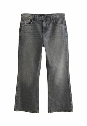 Hallid kõrge vöökohaga teksapüksid, millel on kerge laienemine, ees nööpide ja luku sulgemine ning esiküljel ja tagaküljel taskud.