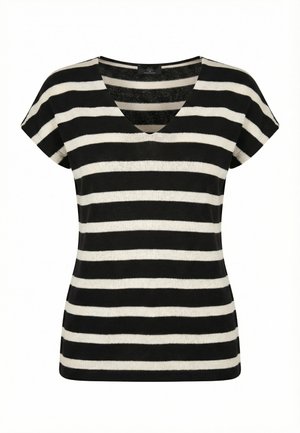 Top de manga corta a rayas horizontales en blanco y negro, con escote en V y dobladillo recto.