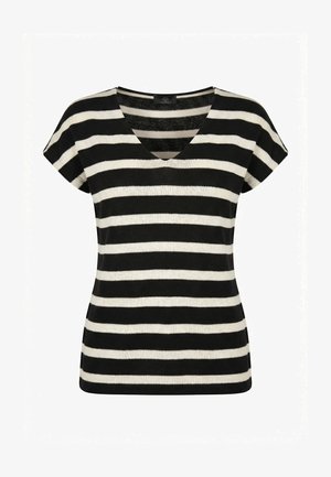 Top de manga corta a rayas horizontales en blanco y negro, con escote en V y dobladillo recto.