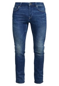 Slim-fit, tmavě modré džíny z denimu s mírným vyblednutím, pěti kapsami a kovovým zapínáním. Hladká textura a rovný střih.