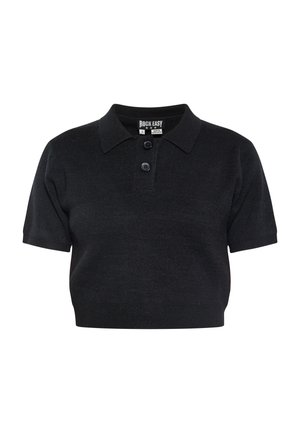 Zwarte polo met korte mouwen in gebreide stof, kraag met twee knopen, nauwsluitend ontwerp, gladde textuur, minimale branding op het neklabel.