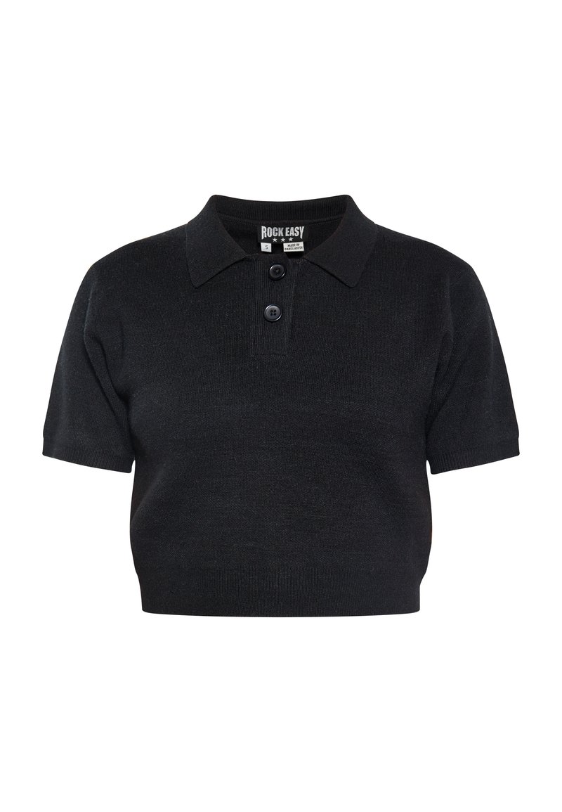 Černé polo tričko s krátkým rukávem, pletená tkanina, límeček se dvěma knoflíky, přiléhavý střih, hladká textura, minimální značení na štítku na krku.