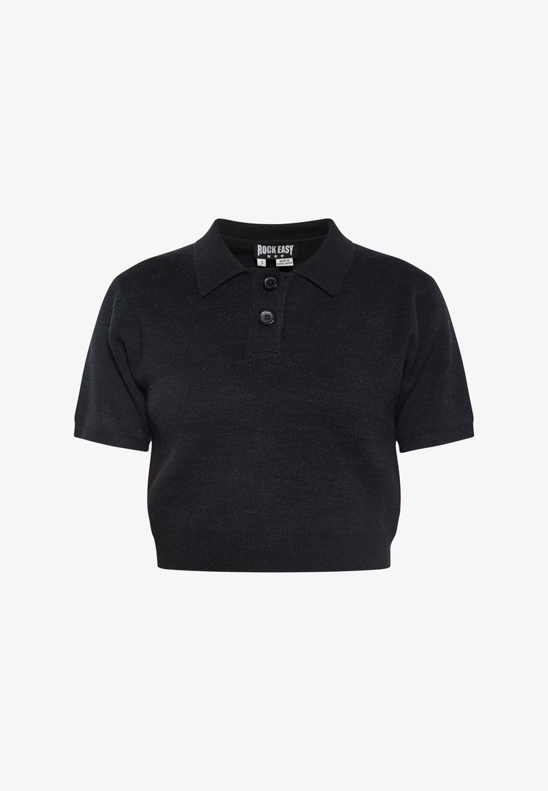 Fekete, rövid ujjú pólóing, kötött anyagból, két gombos gallér, slim fit kialakítás, sima textúra, minimális branding a nyak címkéjén.