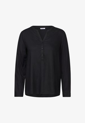 Maglietta nera a maniche lunghe con scollatura a V e abbottonatura a cinque bottoni. Realizzata in tessuto morbido con una vestibilità comoda e spacchi laterali all'orlo.