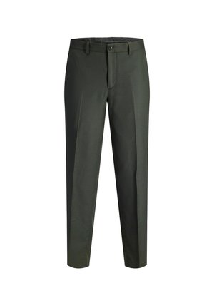 Pantalons vert foncé en tissu lisse, avec une coupe droite, des passants de ceinture, une braguette zippée et des plis avant simples pour plus de détails.
