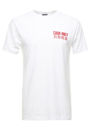 White cotton t-shirt with short sleeves, featuring red printed text on the left chest reading "CASH ONLY" and its Chinese equivalent.