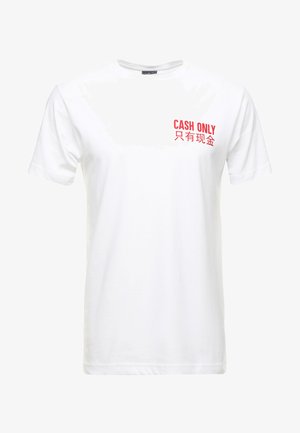 White cotton t-shirt with short sleeves, featuring red printed text on the left chest reading "CASH ONLY" and its Chinese equivalent.