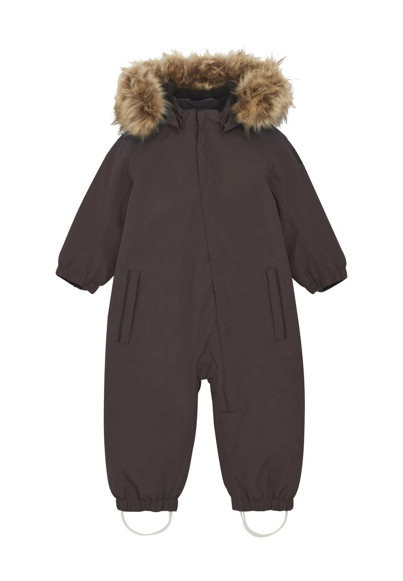 Brun isolerad sn overall med huva fodrad med konstgjord päls, elastiska ärmslut, två sidofickor och fotremmar för ökad säkerhet och värme.