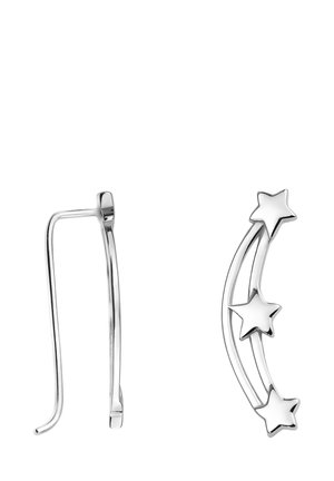 Silver ear climber earrings shaped with three connected stars on a curved frame, shown from side and front views on a white background.