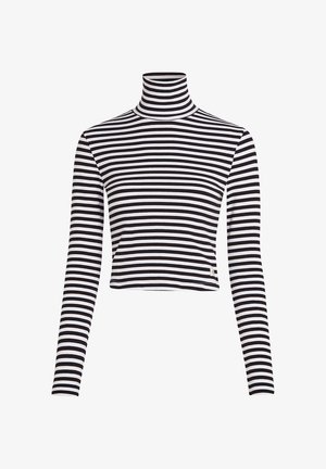 Črno-bela prugasta dolgoročna majica z ovratnikom in obrezanim dizajnom, izdelana iz rebrastega materiala. Ima majhen logotip blagovne znamke na robu.