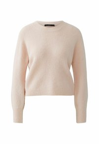 Pull en maille rose clair à manches longues avec col rond côtelé, poignets et ourlet, présenté sur fond blanc.