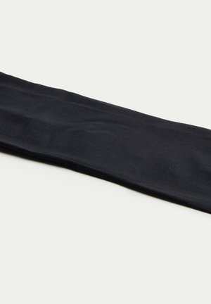 Leggings neri in tessuto elasticizzato con una texture liscia. Presentano un design aderente e un colore uniforme senza motivi o accenti visibili.