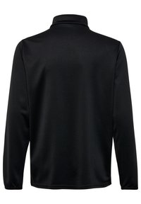 Schwarze Langarmjacke, von hinten gezeigt, mit hohem Kragen und glatter Stoffstruktur.