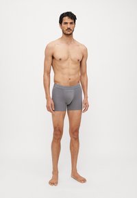 Boxers de algodão cinzentos com uma cintura elástica que apresenta o nome da marca. O design é ajustado, com uma textura suave e costuras mínimas.