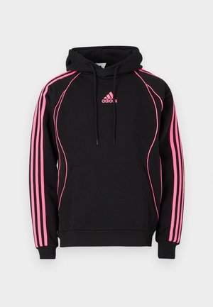 Black hoodie with pink accents and three stripes on the sleeves. Features a front pocket and a drawstring hood. Cotton blend fabric.