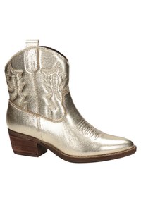 Gouden metalen cowboylaars met een spitse neus, een ingewikkeld stiksels patroon, een lage blokhak en een trekbandje aan de achterkant voor gemakkelijk aantrekken.