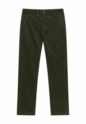 Dark green corduroy pants with a straight fit, featuring a button closure, side pockets, and a soft textured fabric.