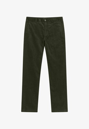 Donkergroene corduroy broeken met een rechte pasvorm, voorzien van een knoopsluiting, zijzakken en een zacht textuurstof.
