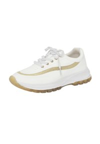 White athletic sneakers with gold accents, padded collar, and a textured sole. Features white laces and a smooth, shiny finish.