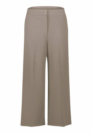 Pantaloni beige a gamba larga con vita alta e dettagli di cucitura sul davanti, mostrati su sfondo bianco.