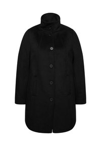 Cappotto di lana nera con collo alto, chiusura frontale a bottoni e tasche laterali; presenta una forma leggermente svasata e una texture liscia.