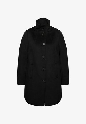 Cappotto di lana nera con collo alto, chiusura frontale a bottoni e tasche laterali; presenta una forma leggermente svasata e una texture liscia.