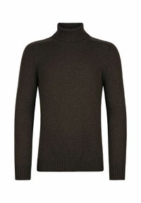Dunkelbrauner Rollkragenpullover aus weichem, gestricktem Stoff. Verfügt über gerippte Bündchen und Saum, hat eine figurbetonte Form und minimale Designdetails.