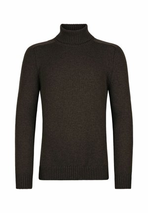 Ciemnobrązowy sweter z golfem wykonany z miękkiej, dzianinowej tkaniny. Oferuje ściągacze przy rękawach i u dołu, ma dopasowany kształt oraz minimalne detale wzornicze.