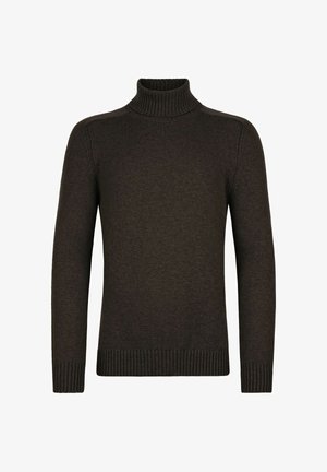 Ciemnobrązowy sweter z golfem wykonany z miękkiej, dzianinowej tkaniny. Oferuje ściągacze przy rękawach i u dołu, ma dopasowany kształt oraz minimalne detale wzornicze.