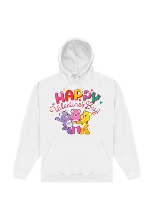 Biała bluza z kapturem, na której widnieją trzy kolorowe rysunkowe niedźwiedzie i napis „Wesołego Dnia Zakochanych!”. Z przodu znajduje się kieszeń typu kangurka.