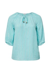 Türaus Bluse mit weißen vertikalen Streifen, runder Halsauschnitt, Knoten mit Holzperlen und dreiviertellangen Puffärmeln. Glattes Textil.