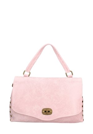 Roze faux leren handtas met een gladde textuur, bovenhandvat, gouden hardware sluiting en gestempelde accenten langs de zijkant.