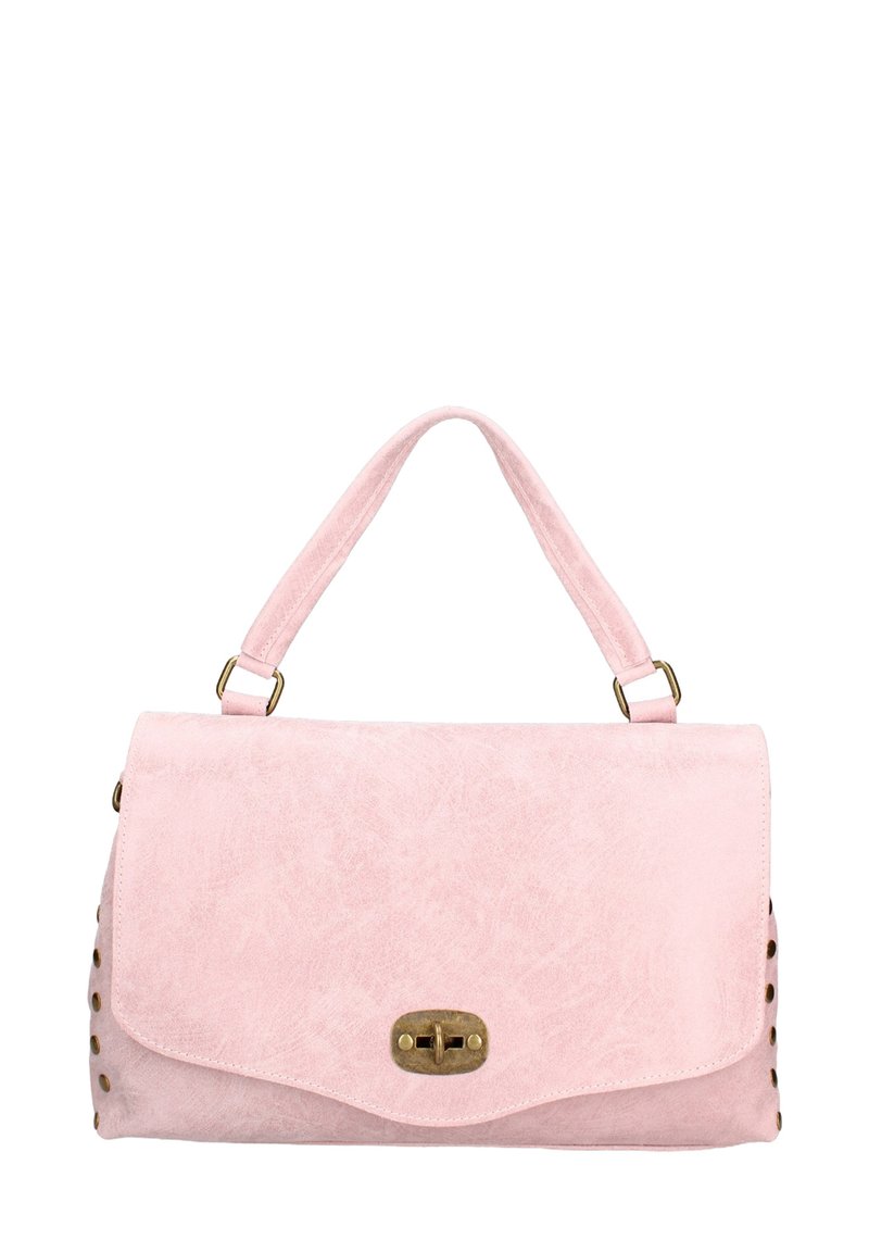 Roze faux leren handtas met een gladde textuur, bovenhandvat, gouden hardware sluiting en gestempelde accenten langs de zijkant.