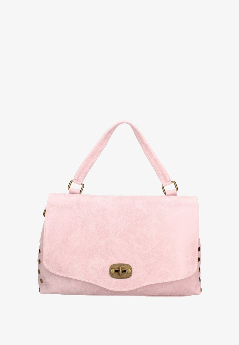 Borsa in finta pelle rosa con una texture liscia, manico superiore, chiusura in hardware dorato e dettagli borchiati lungo il lato.