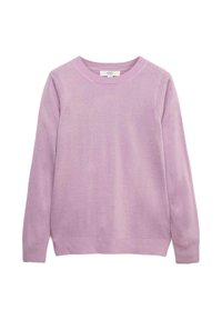 Maglione lilla realizzato in materiale morbido con scollo rotondo, maniche lunghe e polsini e orlo a coste. Presenta una trama liscia senza motivi.
