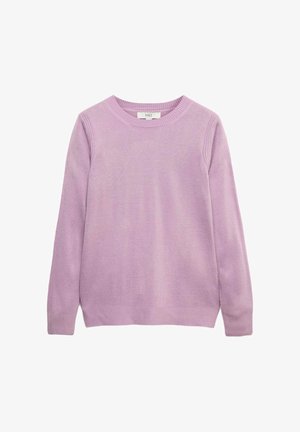 Lila Pullover aus weichem Material mit rundem Halsauschnitt, langen Ärmeln und gerippten Bündchen und Saum. Hat eine glatte Textur ohne Muster.