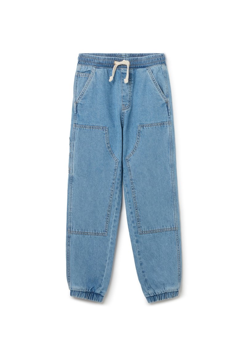 Lichtblauwe denim joggerbroeken met een elastische tailleband, een trekkoord en meerdere frontzakken. Met manchetten aan de uiteinden en een relaxed fit ontwerp.