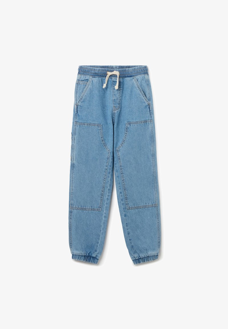 Lichtblauwe denim joggerbroeken met een elastische tailleband, een trekkoord en meerdere frontzakken. Met manchetten aan de uiteinden en een relaxed fit ontwerp.