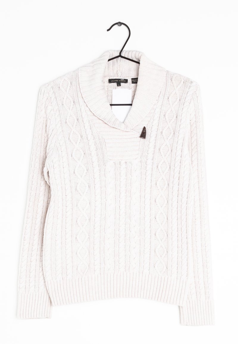 Maglione lavorato a maglia beige chiaro con colletto a scialle, caratterizzato da motivi a treccia, polsini e orlo a costine, e un piccolo dettaglio decorativo con bottone.