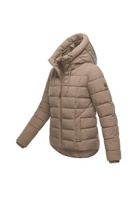 Beige gewatteerde pufferjack met een hoge kraag, ritsluiting, verstelbare trekkoordcapuchon en ribgebreide manchetten. Gladde textuur en een getailleerde pasvorm.