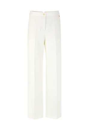 White wide-leg trousers featuring a smooth texture, single button closure, and pleated front detail. Classic design with no patterns or accents.