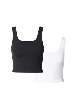 Zwart-witte mouwloze cropped tanktops met vierkante halslijnen, weergegeven overlappend op een witte achtergrond.